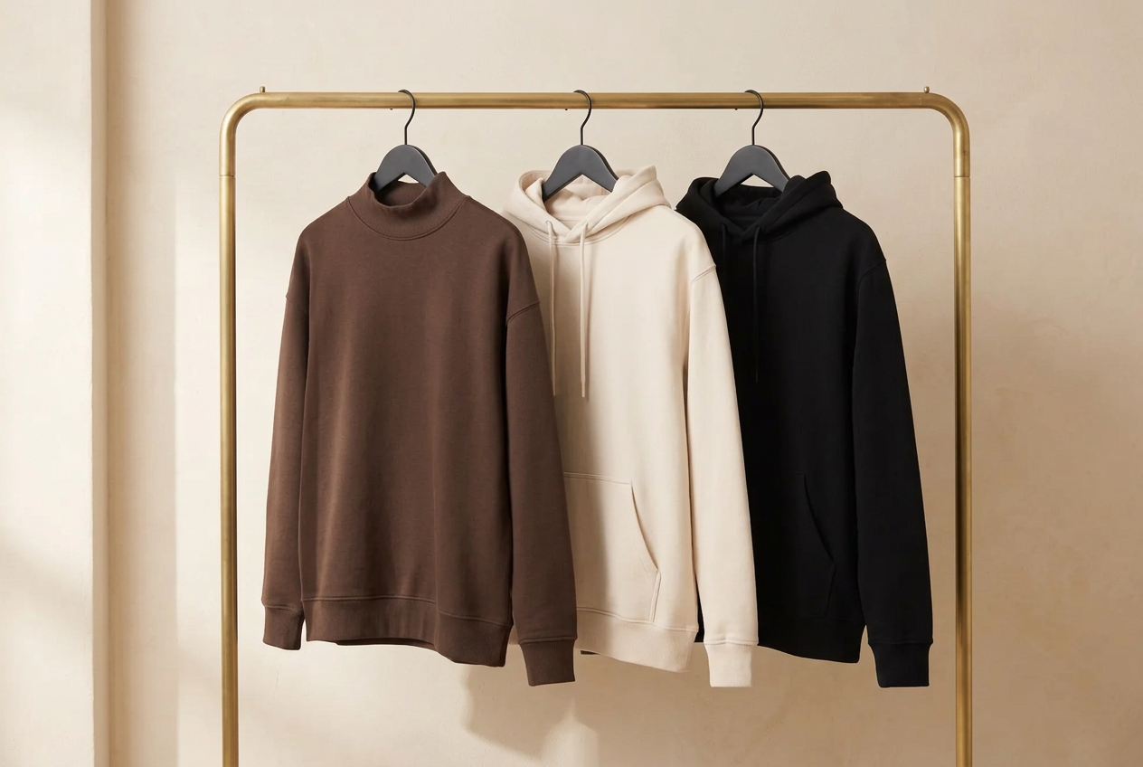 First drop hanging on a brass rack — Boundary Set Mockneck, Fully Booked Hoodie, Self-Referred Hoodie