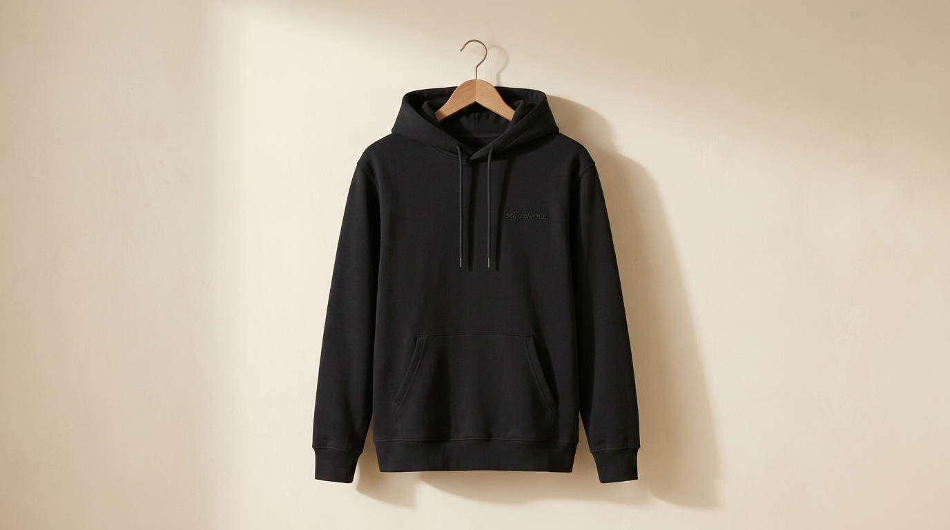Self-Referred Hoodie in Obsidian on a wooden hanger
